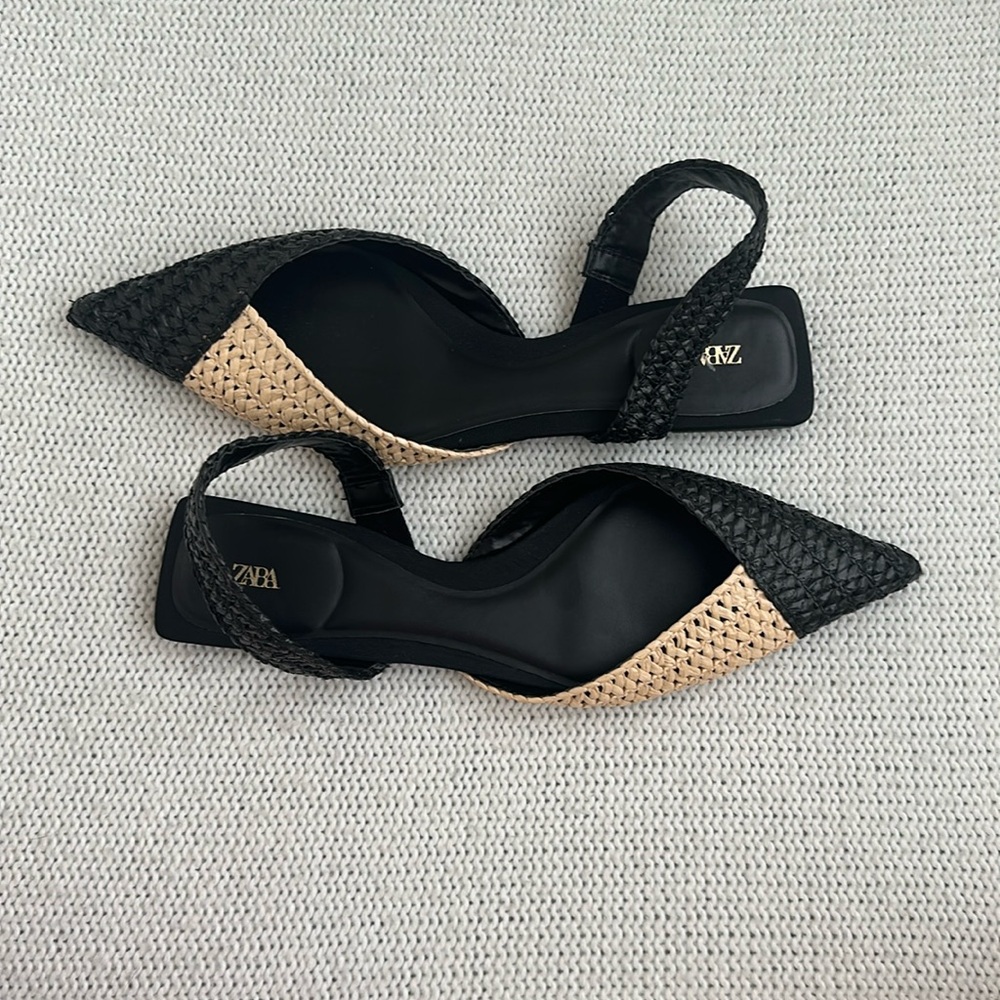 NWOT Zara Limited Edition Raffia Sling Back Woven Pointed Toe Flats Size 9